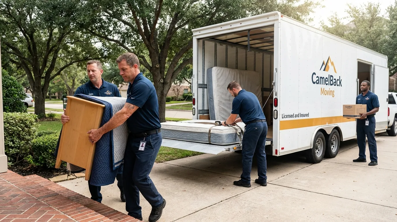 Crew loading residential truck for cross-state move from Branson, MO