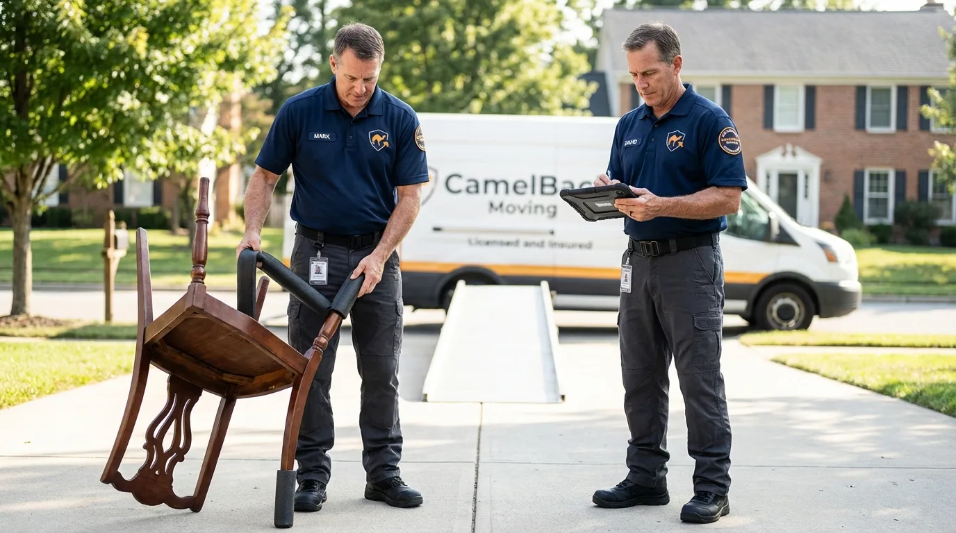 Movers inspecting furniture for damage prevention before loading in Branson, MO